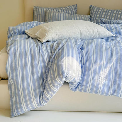Blue Striped Duvet Cover Twin, 100% Washed Cotton Blue White Stripes Pattern Printed Bedding Set, 3 Pieces Soft Breathable Comforter Cover with Zipper Closure, Retro Striped Farmhouse Bedding Set