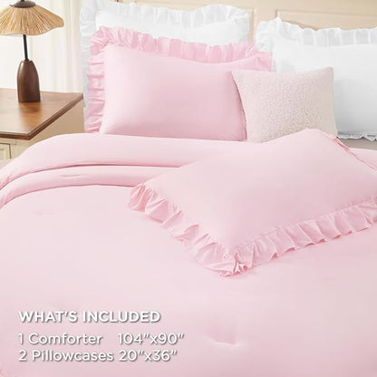 Andency Pink Ruffle Comforter Set King, Shabby Chic Farmhouse Bedding Comforter, Soft Lightweight Fluffy Polyester Bet Set All Season 3 Pieces Solid Comforter Set