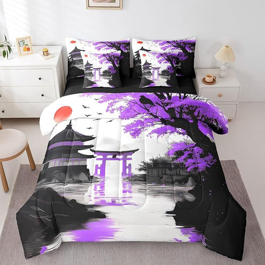 7 Piece Japanese Bedding Set With Sheets Twin Sun Cherry Blossom Comforter Set Watercolor Black Purple Mountain Sakura Floral Bed In A Bag For Girls Adults Women Asian Chinese Ink Anime Bed Set