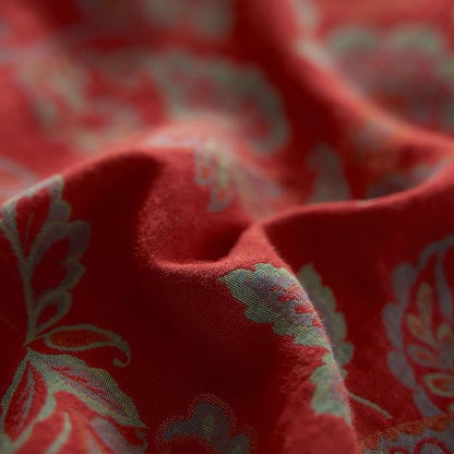 mixinni Exquisite Vintage Red Floral Duvet Cover King Size Yarn-Dyed Jacquard Textured Design Duvet Cover Set with Green Edge Design Premium Muslin Cotton-Linen Bedding Set for All Season-King Size