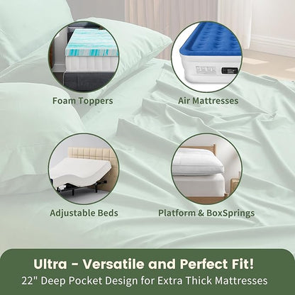 100% Linen Sheet Set Queen Size Extra Deep Pocket Fits 18-24 Inch Mattress, Breathable & Soft, Smooth 6-Piece Set for Thick Mattresses Hotel Luxury Bedding（Queen, Sage Green）