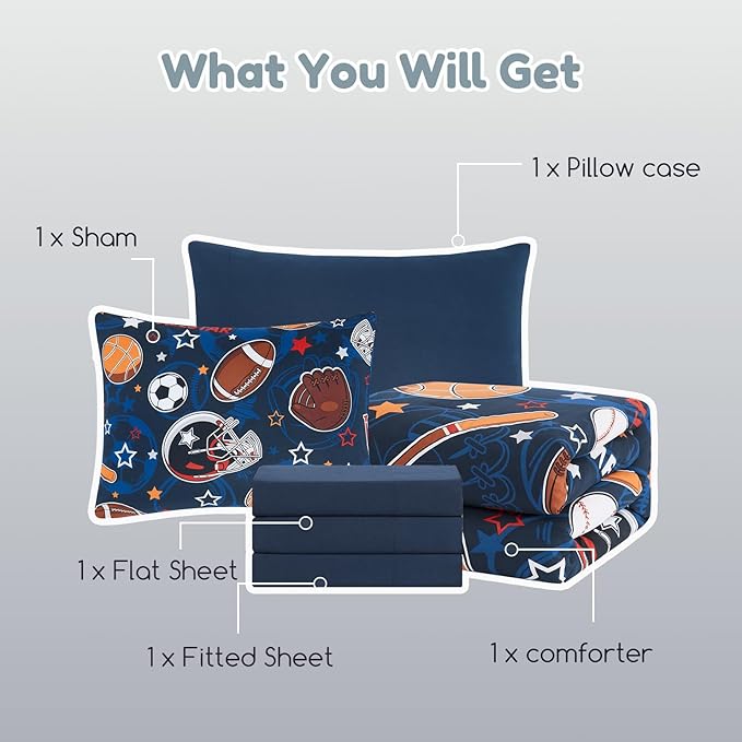 Twin Comforter Set for Boys-5 Pieces Sports Ball Games Glow in the Dark Twin Bedding Sets for Kids, Ultra Soft Bed in A Bag with Sheets