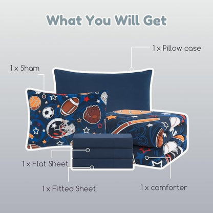 Twin Comforter Set for Boys-5 Pieces Sports Ball Games Glow in the Dark Twin Bedding Sets for Kids, Ultra Soft Bed in A Bag with Sheets