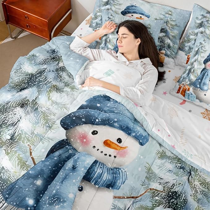 Castle Fairy Xmas Snowman Blue Comforter Set King Size 7 Pcs,Winter Outdoor Pine Tree Bedding Set for Girls Teens Bedroom Decor,Cartoon Bed in a Bag with Comforter,Sheets and Pillow Cases