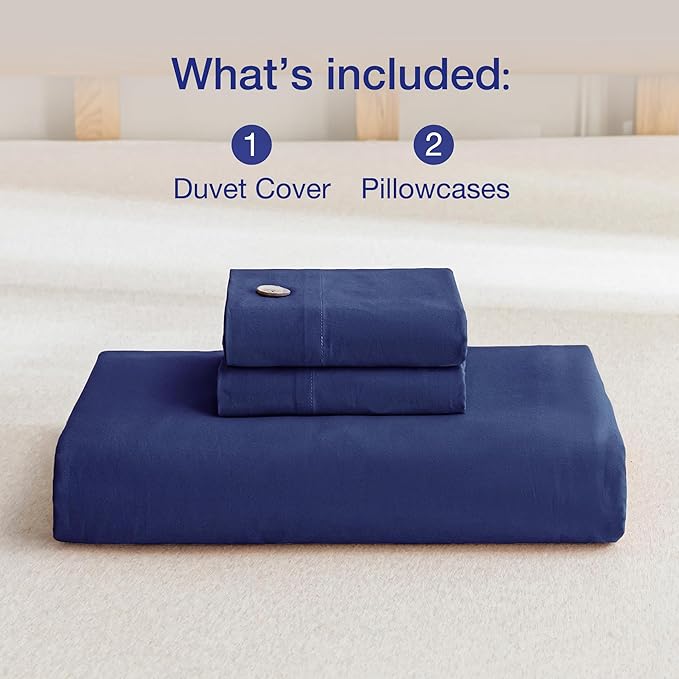 JELLYMONI Cotton Duvet Cover Queen Size - Navy Blue Comforter Cover with Button 100% Washed Cotton 3PCS Breathable Soft Solid Bedding Set Duvet Cover 90×90in & 2 Pillowcases (NO Comforter)