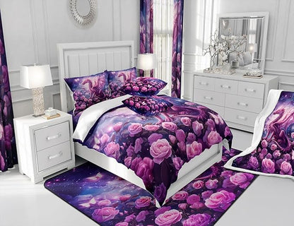Pink Dragon Comforter Set Queen Size,Rose Flower Galaxy Butterfly Bedding Set for Kids Boys Girls Room Decor,Glitter Starry Sky Fantasy Duvet Insert 3Pcs,Wild Animal Nature Quilt Set,2 Pillowcases