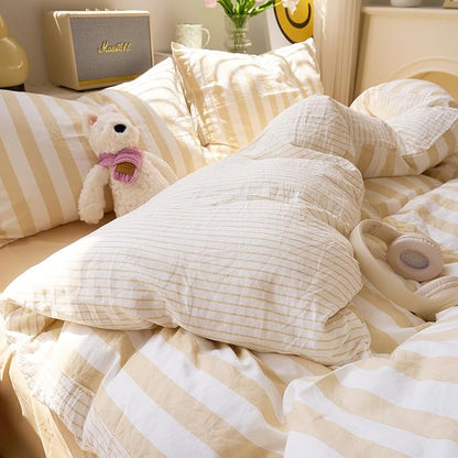 EAVD Beige Striped Duvet Cover King Soft Washed Microfiber Striped Reversible Bedding Set with 2 Pillowcases Modern Farmhouse Geometric Pattern Duvet Cover with Zipper Closure