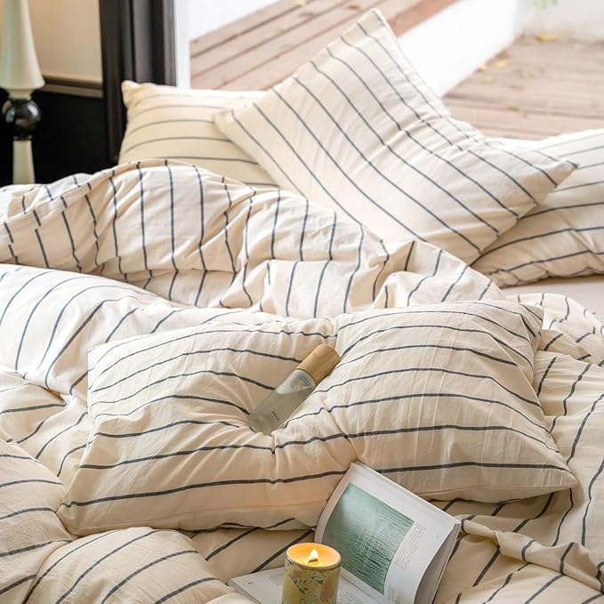 LifeTB Striped Duvet Cover Set Queen 100% Washed Cotton Beige Duvet Cover with Grey Stripes Pattern Printed Comforter Cover 3 Pieces Striped Bedding Queen Comforter Cover with Zipper Closure