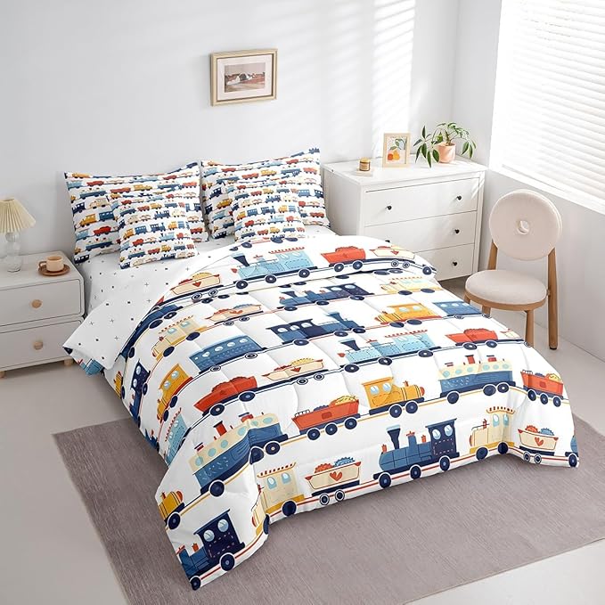 Cartoon Train Comforter Set King Size,Transport Vehicles Bedding Set for Kids Teens,Vintage Train Tracks (Comforter+Fitted+Flat Sheet+2 Pillowcases+2 Throw Pillow Covers) 7 Pieces