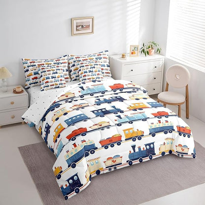 Castle Fairy Cartoon Train Comforter Set Full Size,Transport Vehicles Bedding Set for Kids Teens,Vintage Train Tracks (Comforter+Fitted+Flat Sheet+2 Pillowcases+2 Throw Pillow Covers) 7 Pieces