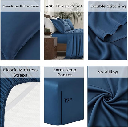 Luxury Bamboo Market | Queen Size Bed Sheet Set | 100% Viscose Made from Bamboo | Organically Grown | Ultra Soft | Cooling Sheets for Hot Sleepers | 17" Deep Pocket [Midnight Blue]