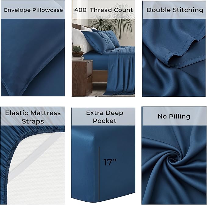 | Split King Size Sheet Set | 2 Fitted Sheets for Sleep Number & Adjustable Beds | Organically Grown | Ultra Soft & Cooling |100% Viscose | 17" Deep Pocket [Midnight Blue]