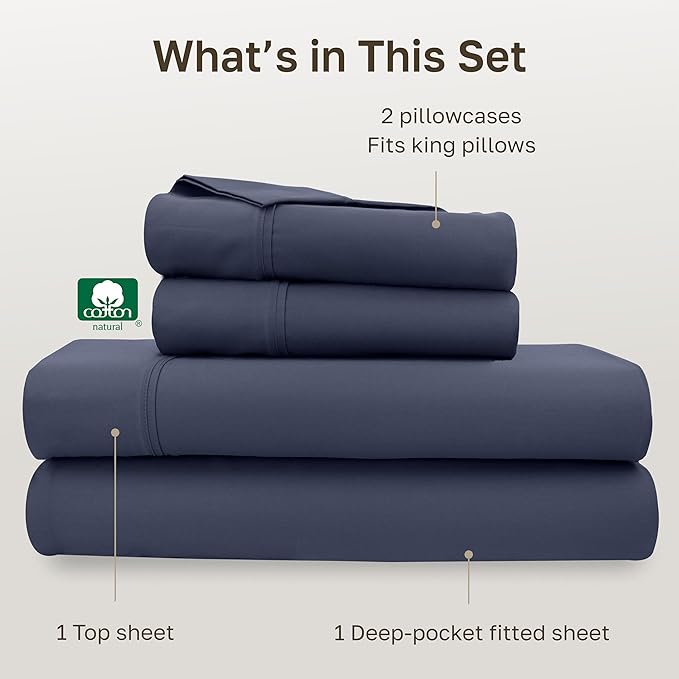 California Design Den King Bed Sheets Set - Soft 400 Thread Count Sateen, Natural 100% Cotton Sheets, Deep Pockets with All-Around Elastic, Durable Bedding Set - Indigo Dusty Blue