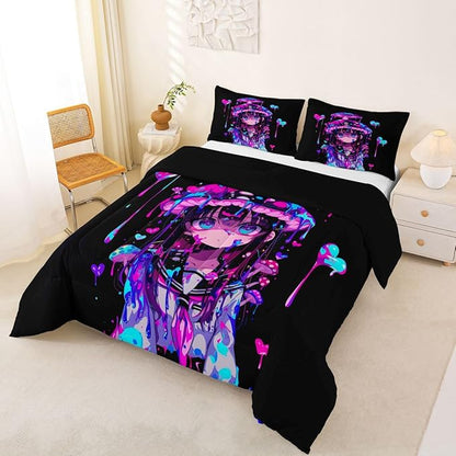 Erosebridal Mushroom Girl Comforter Set for Kids Boys Girls 3D Japanese Girly Bedding Watercolor Graffiti Duvet Set Cute Anime Gifts Comforter Queen with 2 Pillowcases