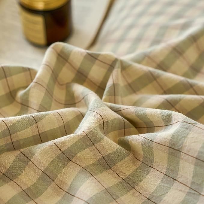 EAVD Vintage Style Green Plaid Duvet Cover Twin Soft 100% Washed Cotton Chic Checkered Gingham Bedding Set with 2 Pillowcases Farmhouse Green Gingham Duvet Cover with Zipper Closure