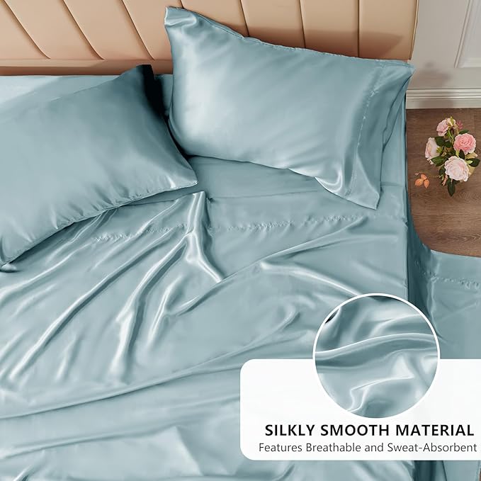 CozyLux Satin Sheets Queen Size Bed Set - 4 Piece Silky Queen Sheet Set, Luxury Light Blue Queen Sheets with Smooth and Soft Microfiber, Includes 1 Fitted Sheet, 1 Flat Sheet and 2 Pillowcases