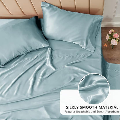 CozyLux Satin Sheets Queen Size Bed Set - 4 Piece Silky Queen Sheet Set, Luxury Light Blue Queen Sheets with Smooth and Soft Microfiber, Includes 1 Fitted Sheet, 1 Flat Sheet and 2 Pillowcases