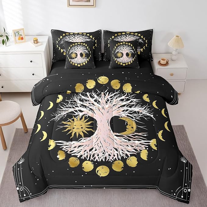 Erosebridal Sun and Moon Comforter Set 7 Piece Bed in a Bag Twin,Tree of Life Bedding Sets Galaxy Starry Sky Bohemian Sheet Set with Comforter