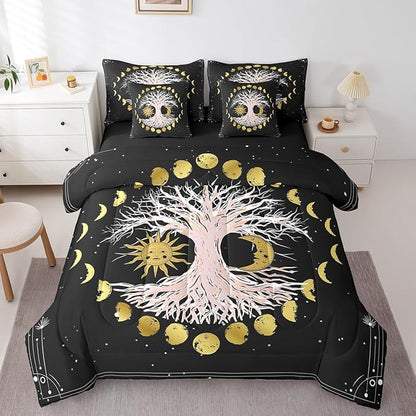 Erosebridal Sun and Moon Comforter Set 7 Piece Bed in a Bag Twin,Tree of Life Bedding Sets Galaxy Starry Sky Bohemian Sheet Set with Comforter