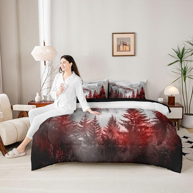 Erosebridal Foggy Mountain Full Bed in A Bag 7 Piece Green Forest Pine Tree Comforter Set with Sheets Nature Misty Woodland Bedding Sets for Kids Adults,Flying Bird Bed Set