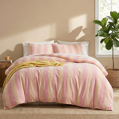 Bedbay Pink Striped Comforter Set King Size Luxury Velvet Comforter Set Cozy Reversible Fleece Soft & Warm Fluffy Flannel Bedding Blush Yellow Stripes Pattern King Bed Set 3 Pcs with Pillowcases