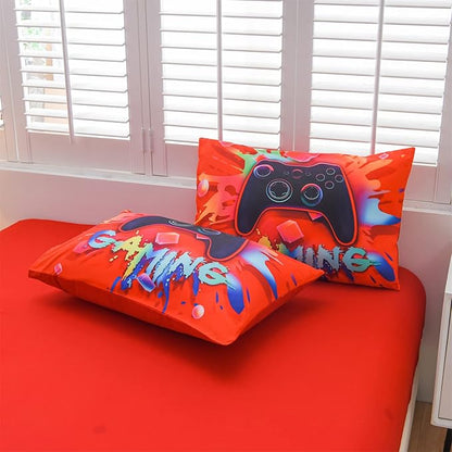 Aimuan Gaming Comforter Sets for Boys Kids Bedding Sets Video Games Console Action Buttons Novelty Colorful Game Gamepad Controller Modern Gamer Room Decor Home Quilt Set (Twin 6 Pcs, Red)
