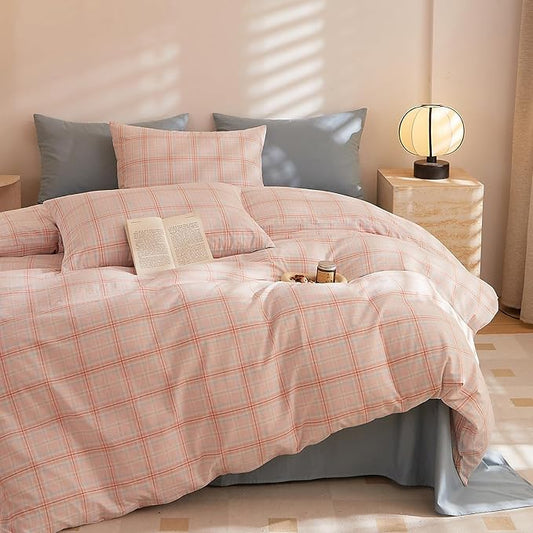 HighBuy Queen Comforter Set Gingham Plaid Boho Chic Bedding Comforter Bed Set Pink Checkered Grid Pattern Soft Fluffy Boho Comforter for Women Girls Queen Bed,Skin Friendly,All Season