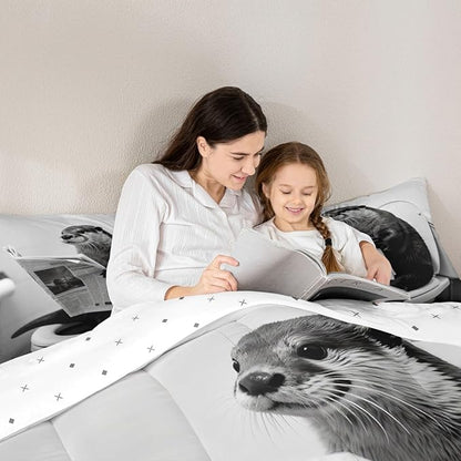 Erosebridal Sea Otter Quilt Insert Twin Size Marine Animal Bedding Set for Kids Men Women Reading Newspaper Cute Kawaii White Beige Comforter Warm Soft Comforter Set