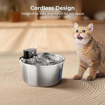 Wireless Stainless Steel Pet Water Fountain, 3.2L/108oz Automatic Cordless Water Dispenser with 3 Smart Modes, Ultra Quiet Pump, Rechargeable Battery, Multi-Filtration for Cats & Dogs