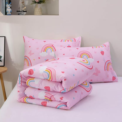 Btargot Lightweight Soft 3 Piece Rainbow Comforter Set with 2 Pillow Covers, Cartoon Butterfly Leaves Flowers Bedding Set for Girls Boys Kids, Full Pink