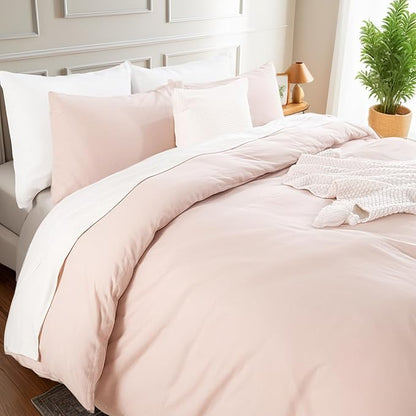 NEXHOME PRO Duvet Cover Set King Size Linen Look Textured Organic Natural 100% Washed Cotton Duvet Cover Greyish Light Pink 3 Pieces Bedding Set with Zipper Closure, Breathable (No Comforter)