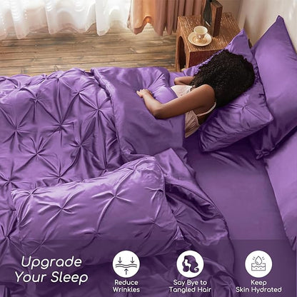 MR&HM Satin Comforter King 7 Pieces - Luxurious Pinch Pleat Bedding Set with Comforter, Flat Sheet, Fitted Sheet, Pillowcases & Shams, Super Silky Soft Bed Set for All Season (King, Lavender)