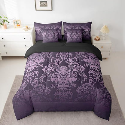 Erosebridal Gothic Damask Bed in a Bag King Size Comforter Set 7 Pieces,Exotic Moth Bedding Sets Purple Victorian Floral Goth Sheet Set with Comforter