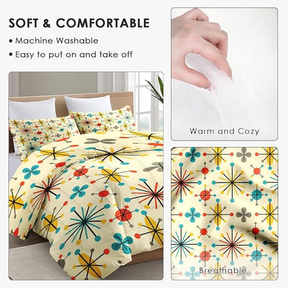 Full Size Comforter Set with 2 Pillowcases, Mid Century Retro 50S Atomic Soft 3 Pcs Bedding for Kids and Adults Bedroom Bed Decor
