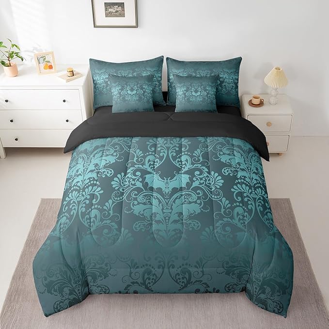 Erosebridal Gothic Damask Bed in a Bag King Size Comforter Set 7 Pieces,Halloween Bat Bedding Sets Turquoise Victorian Floral Goth Sheet Set with Comforter
