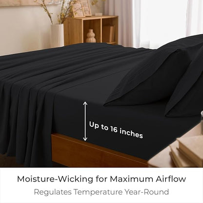Mellanni King Sheet Set - 6-Piece Iconic Collection Bedding, (Including 4 Pillowcases), 16-Inch Deep Pocket, Easy Care, Extra Soft, Cooling Sheets, Brushed Microfiber - Black