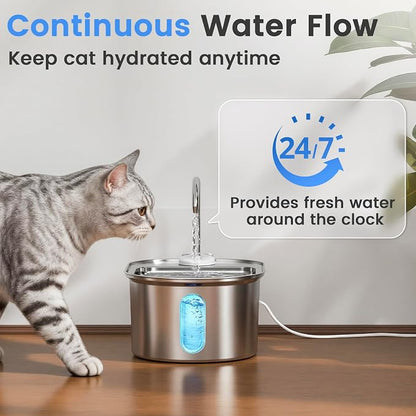 Stainless Steel Cat Water Fountain, 108oz/3.2L with 1 Filter | Auto Shut Off, Quiet Pump, Water Level Indicator, Dry-Run Protection, Large Oval Pet Water Dispenser for Cats and Dogs