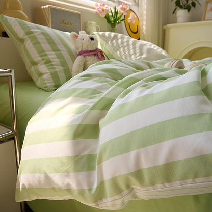 Green Striped Duvet Cover King Boho Cute Comforter Cover King Size Farmhouse Coquette Vintage Soft Duvet Cover Set with 2 Pillow Cases College Bedding for Boys Washed Microfiber Duvet Protector