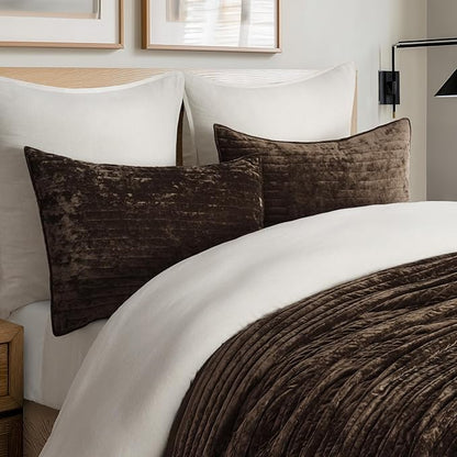 EVERGRACE Velvet Quilt Set King Size, Luxurious Soft Striped Channel Bedding Set, Lightweight Velvet Comforter for All Season, Oversized Bedspread Coverlet with 2 Matching Shams, Walnut Brown