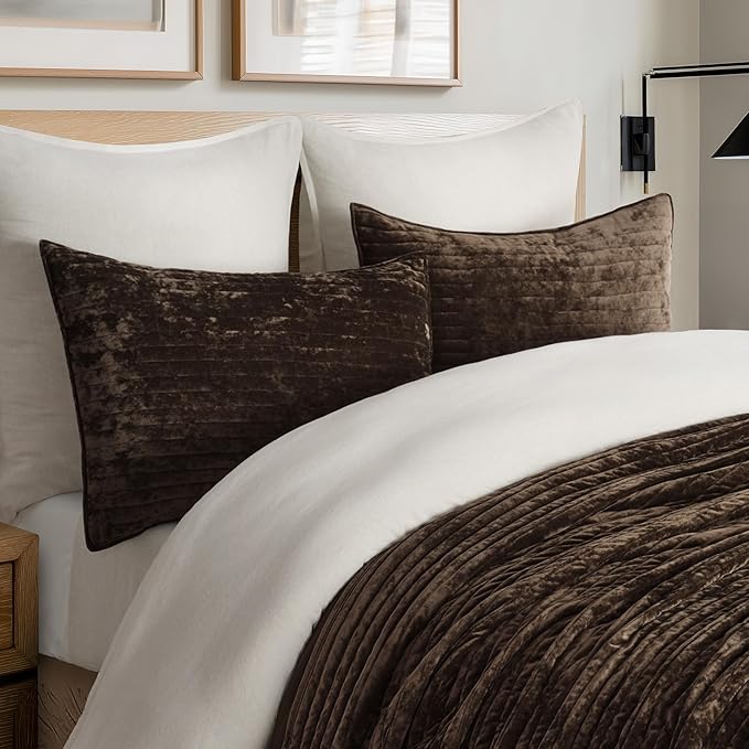 EVERGRACE Velvet Quilt Set Queen Size, Luxurious Soft Striped Channel Bedding Set, Lightweight Velvet Comforter for All Season, Oversized Bedspread Coverlet with 2 Matching Shams, Walnut Brown