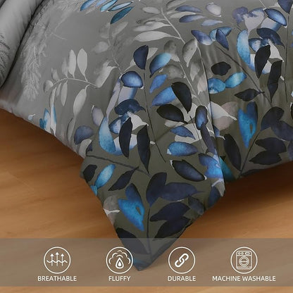 Anibedding 7 Pieces King Size Comforter Set, Grey Blue Botanical Gradient Leaves Ultra Soft Microfiber Down Alternative Bedding Set with Sheets and Pillowcase for All Season