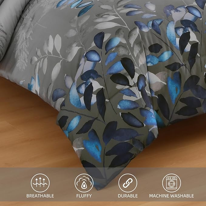 Anibedding Botanical Queen Comforter Set, 7 Piece Grey Blue Leaves Ultra Soft Microfiber Down Alternative Bedding Set with Sheets and Pillowcase for All Season
