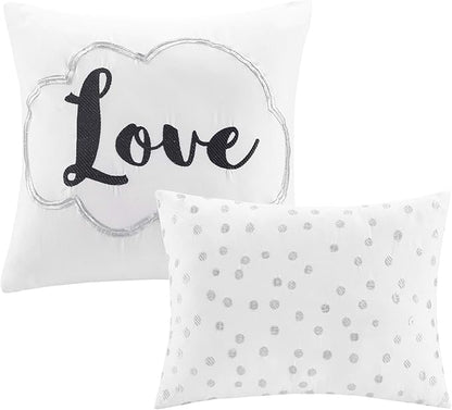 Intelligent Design Raina Full/Queen Comforter Set, Soft Microfiber, Modern Geometric Metallic Bed Set, 5 Pieces College Bedding with 2 Shams, 2 Toss Pillows White/Silver