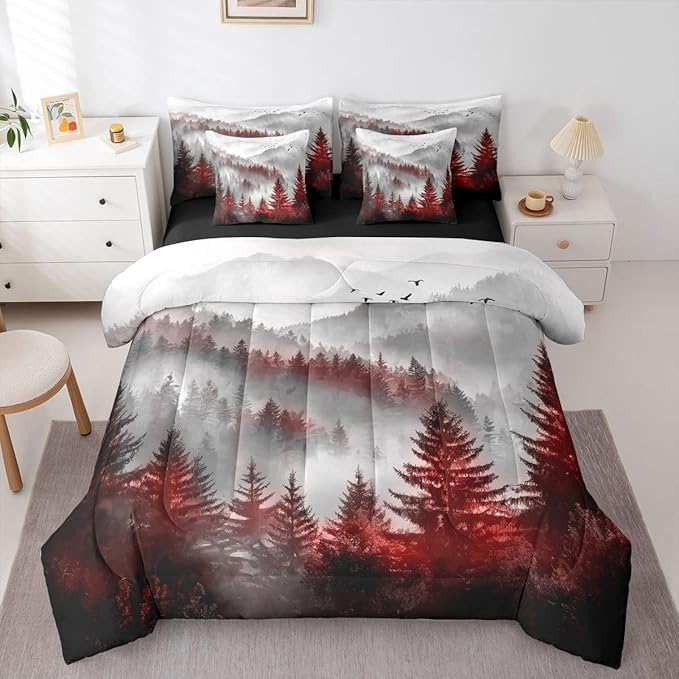 Erosebridal Foggy Mountain Twin Bed in A Bag 7 Piece Green Forest Pine Tree Comforter Set with Sheets Nature Misty Woodland Bedding Sets for Kids Adults,Flying Bird Bed Set