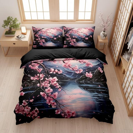 Cherry Blossoms Bedding Set Queen Size, Black Pink Japanese Comforter Set for Girls, 3Pcs Soft Microfiber Quilted Set with 2 Pillowcases, 90"x90"