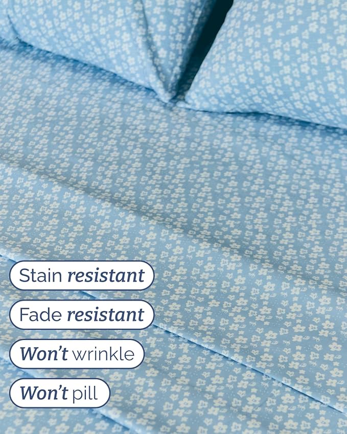 Floral Sheets - Blue Floral Bed Sheet Set - 1 Flat, 2 Fitted & 2 Pillowcases w/ Deep Pockets - Wrinkle & Fade Free - Boho Botanical Bedding - Ultra-Soft, Breathable and Cooling - Split King Size Set