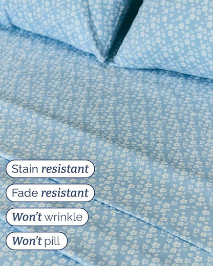 Floral Sheets - Blue Floral Bed Sheet Set - 1 Flat, 1 Fitted & 2 Pillowcases w/ Deep Pockets - Comfy, Wrinkle & Fade Free - Boho Botanical Bedding - Soft, Breathable and Cooling - Cal King Size Set