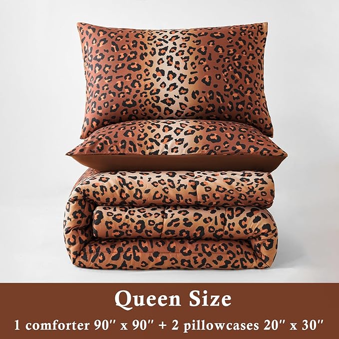 PERFEMET Cheetah Print Comforter Set Queen, 3 Pieces Animal Leopard Print Bedding Set with 2 Pillowcases, Soft Fluffy Farmhouse Leopard Pattern Bed Set for All Season (Brown, Queen)