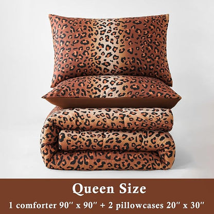 PERFEMET Cheetah Print Comforter Set Queen, 3 Pieces Animal Leopard Print Bedding Set with 2 Pillowcases, Soft Fluffy Farmhouse Leopard Pattern Bed Set for All Season (Brown, Queen)