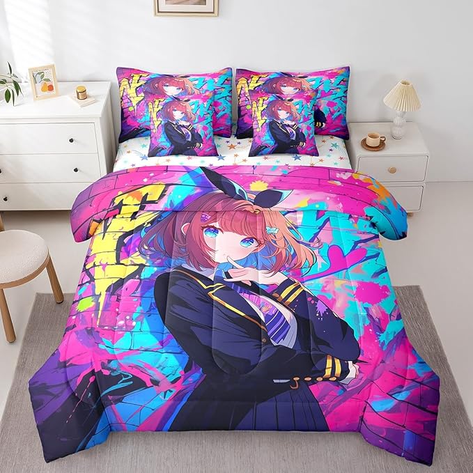 Erosebridal 7 Piece Girls Japanese Anime Comforter Set Full, Kawaii Anime Girl Bedding Sets Cartoon Girl Sheet Set for Kids Teens Adult Room Decor,Japanese Animation Sci Fi Style Bed in A Bag